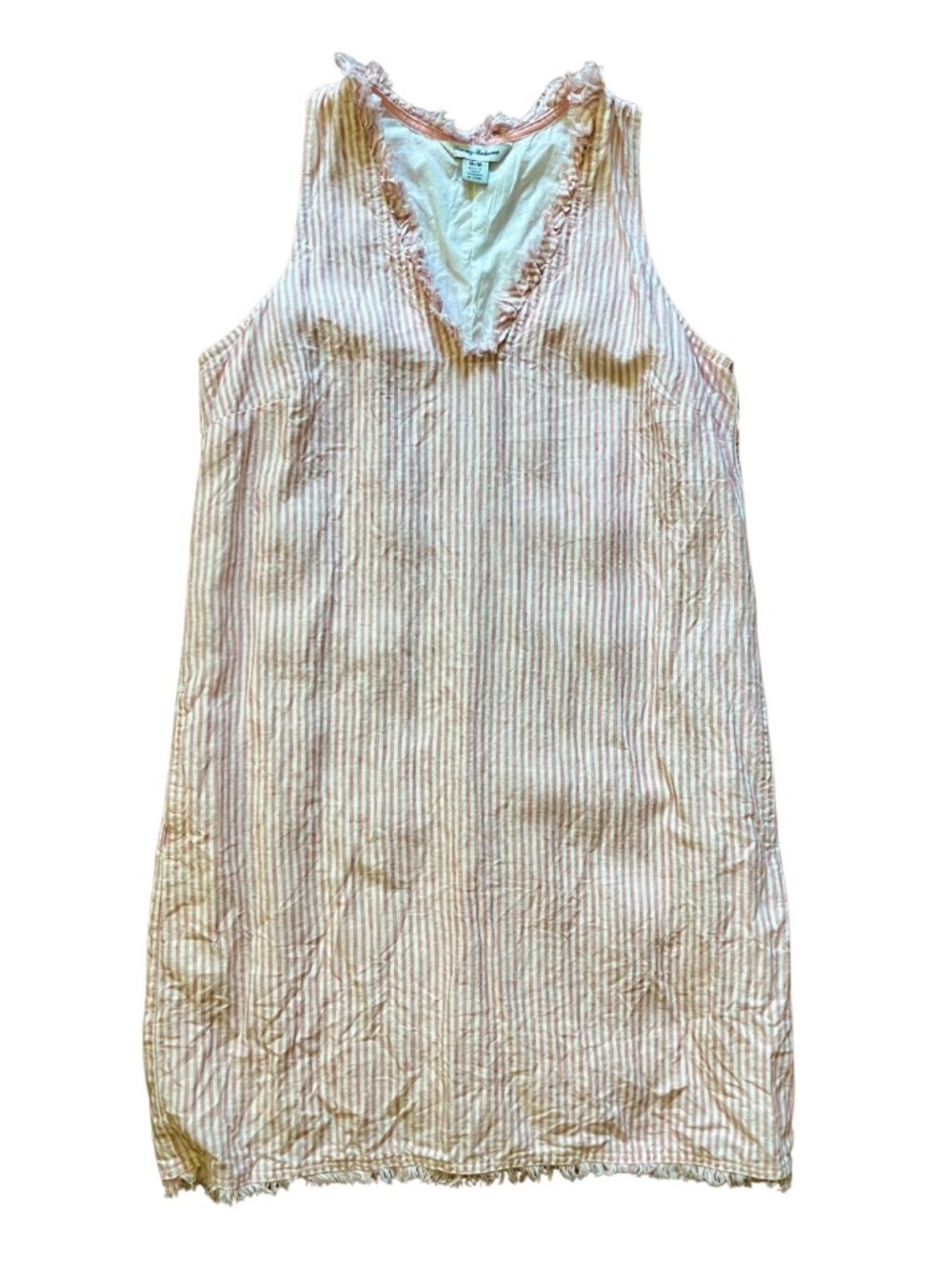 Tommy Bahama Women's Seersucker Pink and White Striped Sleeveless Dress Linen